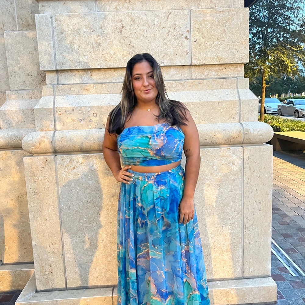 Blue and Purple Strapless Top and Skirt Set